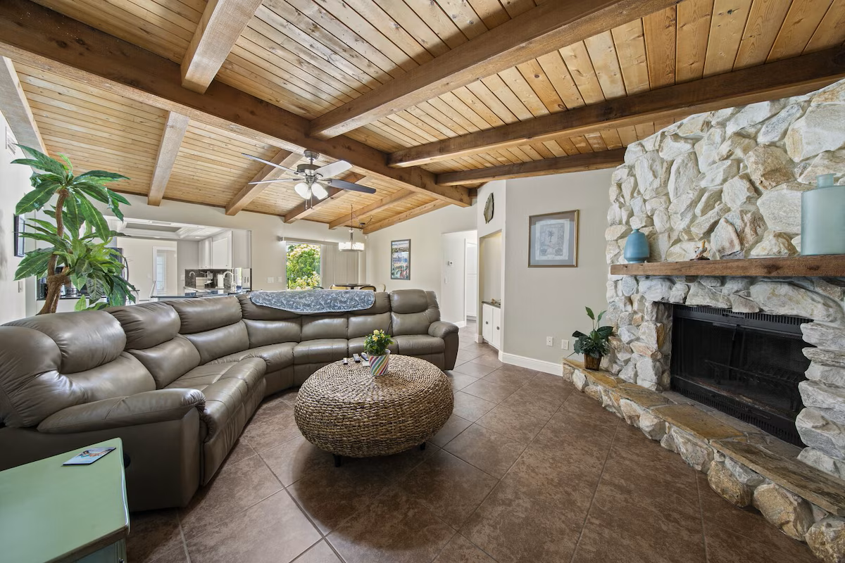 Wood Beam Ceilings & Stone Fireplace
